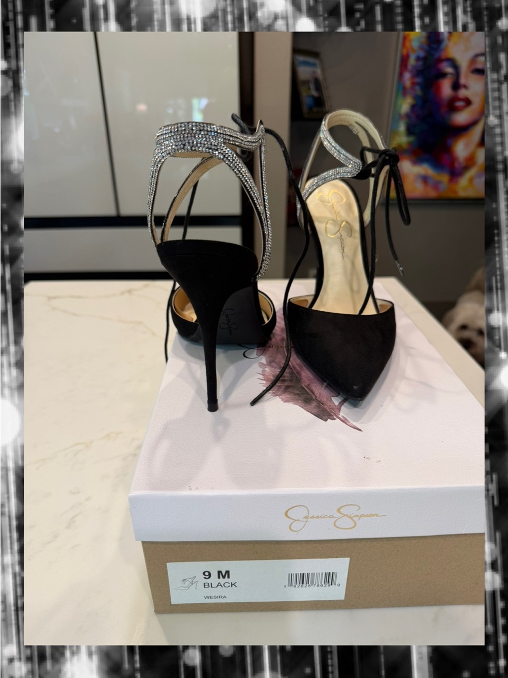 🆕 Jessica Simpson Black Suede Pointed Toe Rhinestone Ankle Tie Heels